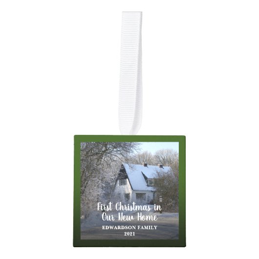 初めてのクリスマスが新しい家の写真に キューブオーナメント (正面)