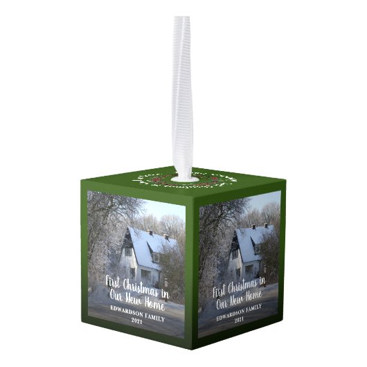 初めてのクリスマスが新しい家の写真に キューブオーナメント (裏面アングル)