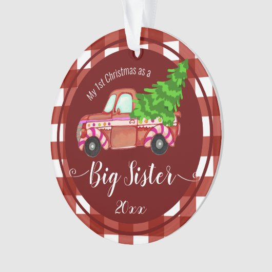 初めてのクリスマスが赤い姉妹トラックの写真 オーナメント (正面)