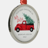 初めてのクリスマスそしてミセス |ヴィンテージレッドトラック メタルオーナメント (右)