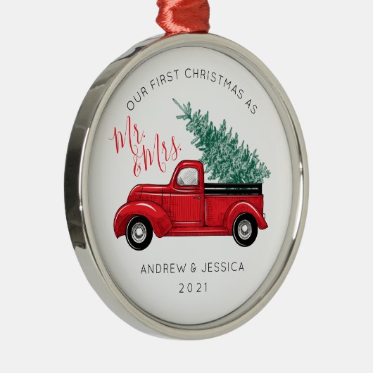 初めてのクリスマスそしてミセス |ヴィンテージレッドトラック メタルオーナメント (右)