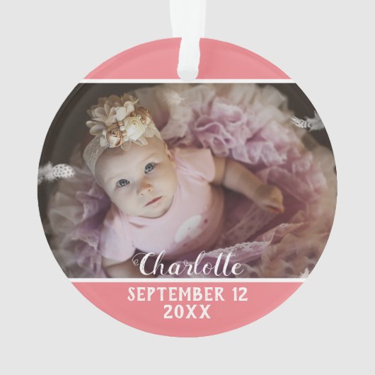 初めてのクリスマスとしてオモミのピンク&ホワイト写真 オーナメント (裏面)