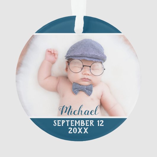 初めてのクリスマスとしてグランドパブルー&ホワイト写真 オーナメント (裏面)