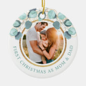 初めてのクリスマスとしてママ&パパユーカリ金ゴールド写真 セラミックオーナメント (正面)