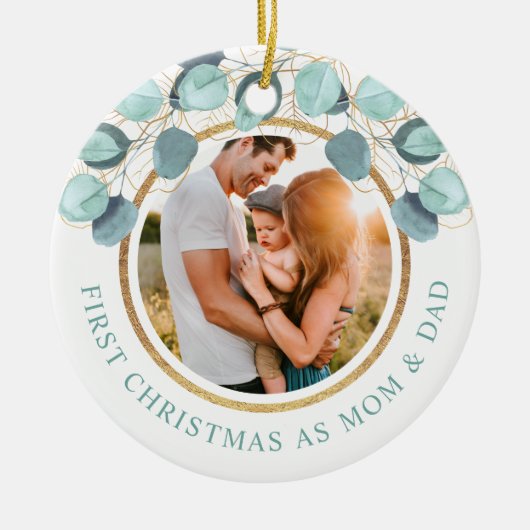 初めてのクリスマスとしてママ&パパユーカリ金ゴールド写真 セラミックオーナメント (正面)