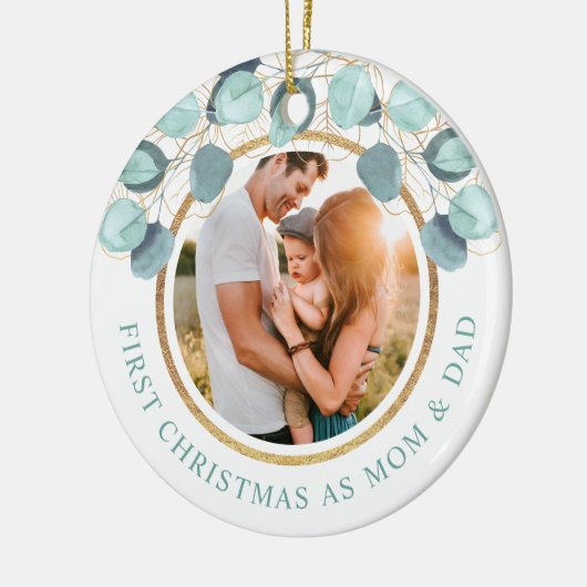 初めてのクリスマスとしてママ&パパユーカリ金ゴールド写真 セラミックオーナメント (左)