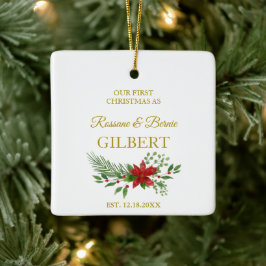 初めてのクリスマスとして引用文とポインセティアスデザイン セラミックオーナメント