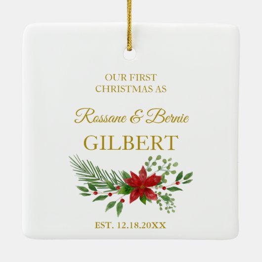 初めてのクリスマスとして引用文とポインセティアスデザイン セラミックオーナメント (裏面)