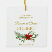 初めてのクリスマスとして引用文とポインセティアスデザイン セラミックオーナメント (正面)