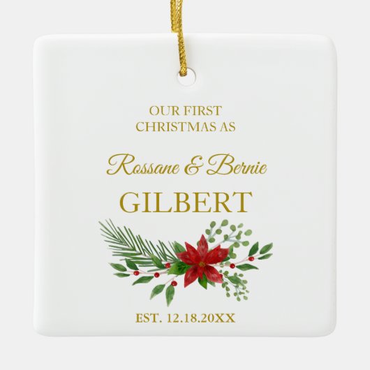 初めてのクリスマスとして引用文とポインセティアスデザイン セラミックオーナメント (正面)