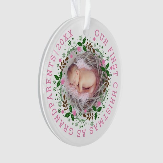初めてのクリスマスとして祖父母のリースピンク写真 オーナメント (正面)