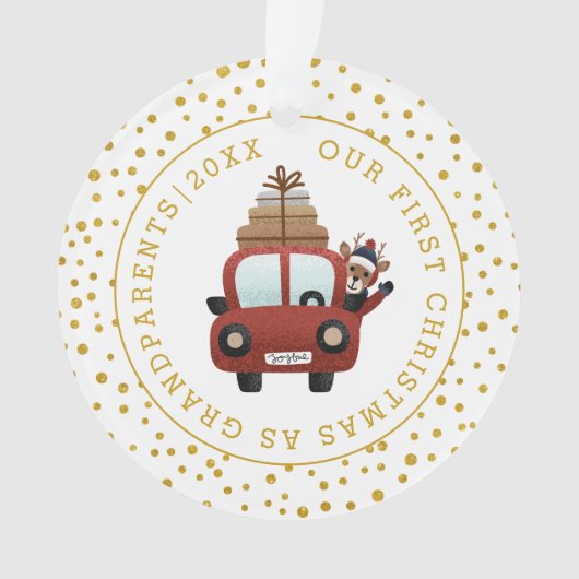 初めてのクリスマスとして祖父母の車の金ゴールド写真 オーナメント (正面)
