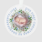 初めてのクリスマスとして祖父母リース青い写真 オーナメント (正面)