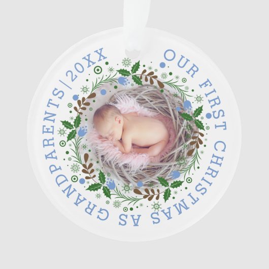 初めてのクリスマスとして祖父母リース青い写真 オーナメント (正面)
