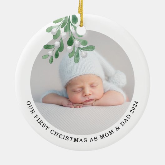 初めてのクリスマスとしてMomとパパの写真水色 セラミックオーナメント (裏面)