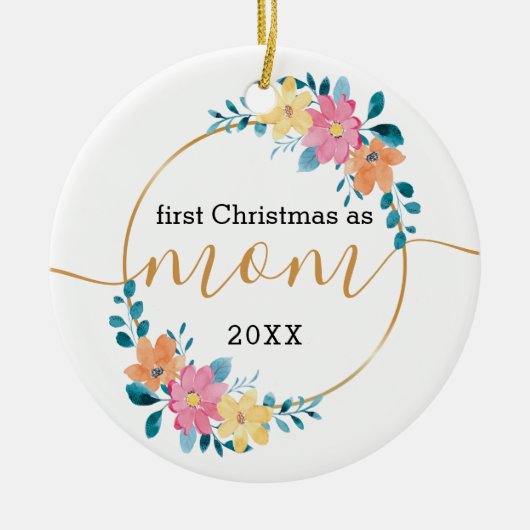 初めてのクリスマスとしてMomフローラと金ゴールドリース セラミックオーナメント (正面)