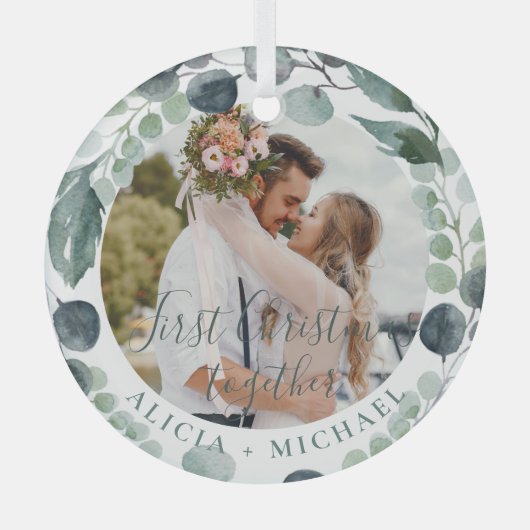 初めてのクリスマスと写真の名前 ガラスオーナメント (正面)