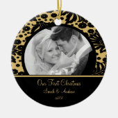 初めてのクリスマスのオーナメントの写真の金ゴールド及び背部ダマスク織 セラミックオーナメント (正面)