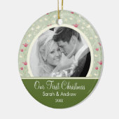 初めてのクリスマスのオーナメントの緑のピンクの花柄 セラミックオーナメント (左)