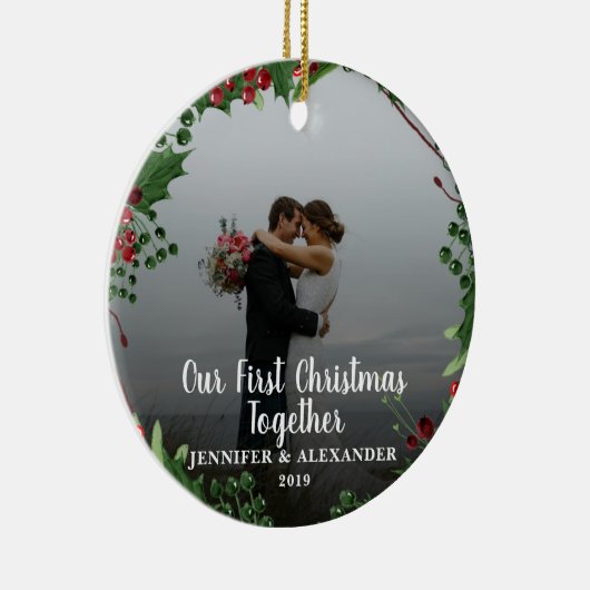 初めてのクリスマスのカップル写真 セラミックオーナメント (右)