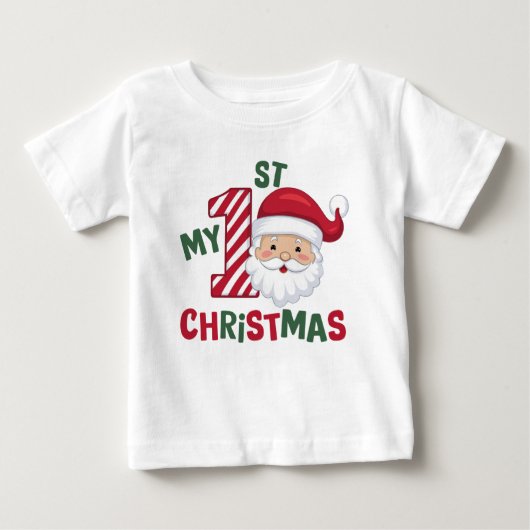 初めてのクリスマスのタイポグラフィー かわいいサンタ ベビーTシャツ (正面)
