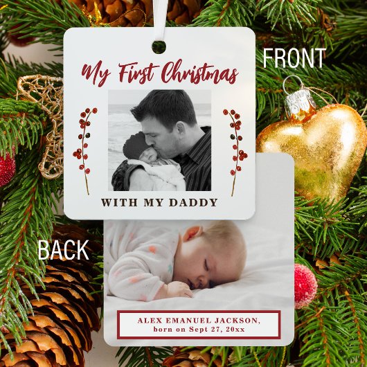 初めてのクリスマスのパパと赤ちゃん2枚の写真 メタルオーナメント