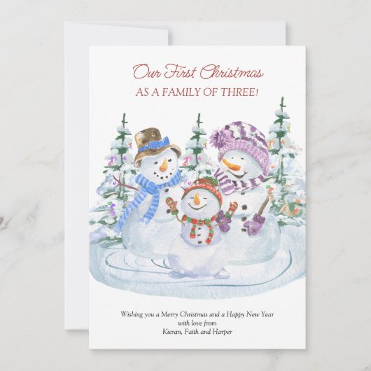 初めてのクリスマスのファミリー3メリー雪だるまベビー 案内状 (正面)