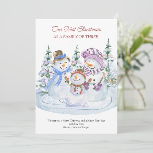 初めてのクリスマスのファミリー3メリー雪だるまベビー 案内状 (スタンド正面)