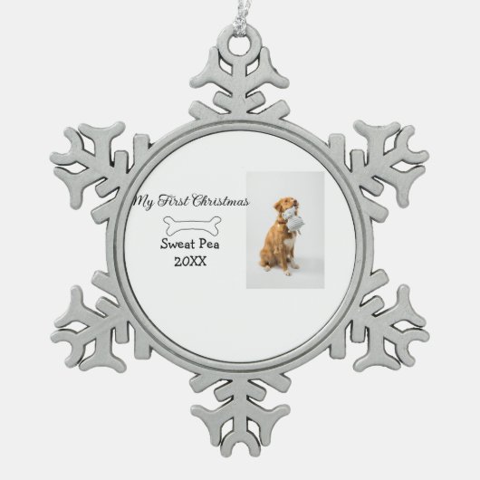 初めてのクリスマスのペットの写真 名前 年 骨 スノーフレークピューターオーナメント (正面)