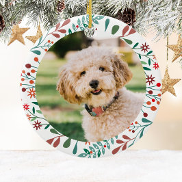 初めてのクリスマスのペットの犬と猫のフラワー写真 セラミックオーナメント