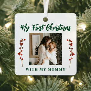 初めてのクリスマスのママと赤ちゃんの2枚の写真 メタルオーナメント