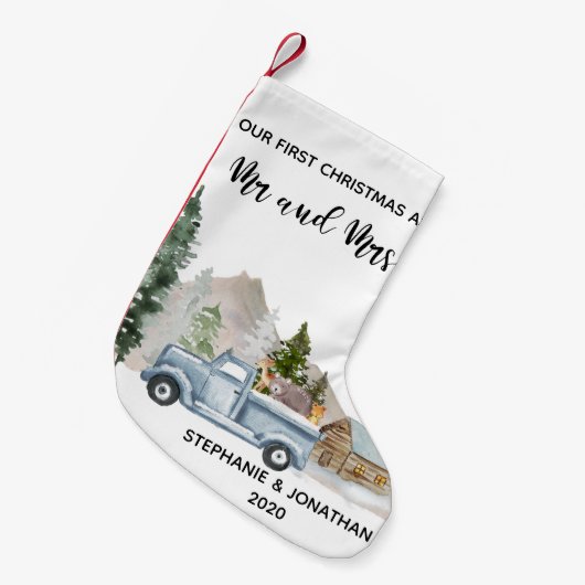 初めてのクリスマスのミスター・アンド・ミセス・ハンド・トラック・ウッドランド スモールクリスマスストッキング (正面 (吊り時))