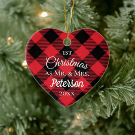 初めてのクリスマスのミセス・バッファロー・プレイド・ハート セラミックオーナメント