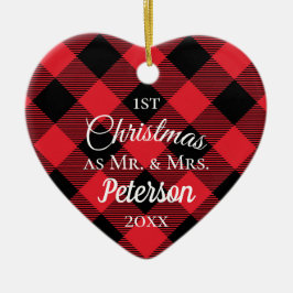 初めてのクリスマスのミセス・バッファロー・プレイド・ハート セラミックオーナメント