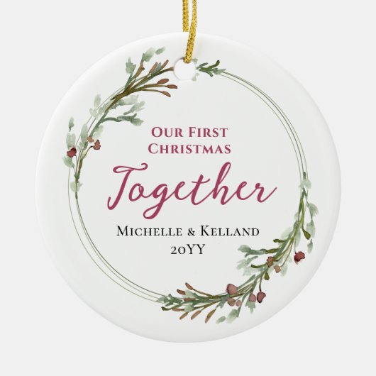初めてのクリスマスの一緒ミニマルリース写真 セラミックオーナメント (正面)