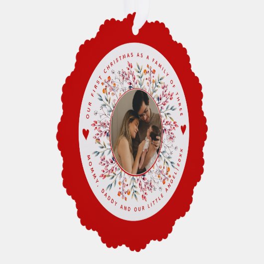 初めてのクリスマスの三つのベリーの写真縁どの家族 オーナメントカード (右)