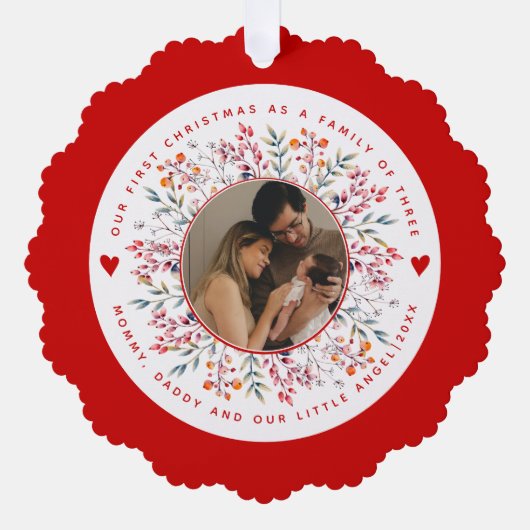 初めてのクリスマスの三つのベリーの写真縁どの家族 オーナメントカード (正面)