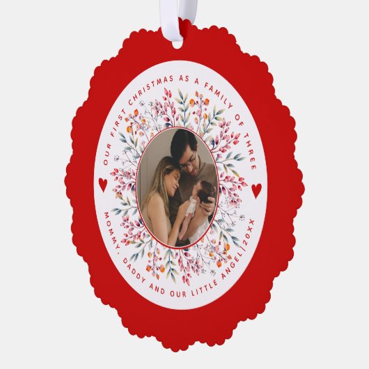 初めてのクリスマスの三つのベリーの写真縁どの家族 オーナメントカード (左)