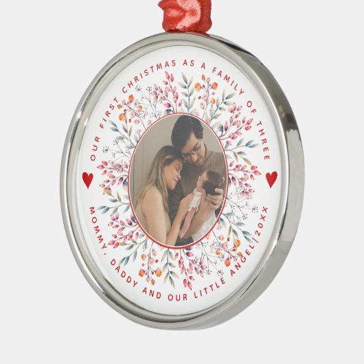 初めてのクリスマスの三つのベリーの写真縁どの家族 メタルオーナメント (左)