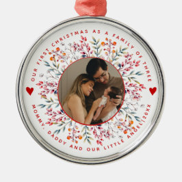 初めてのクリスマスの三つのベリーの写真縁どの家族 メタルオーナメント