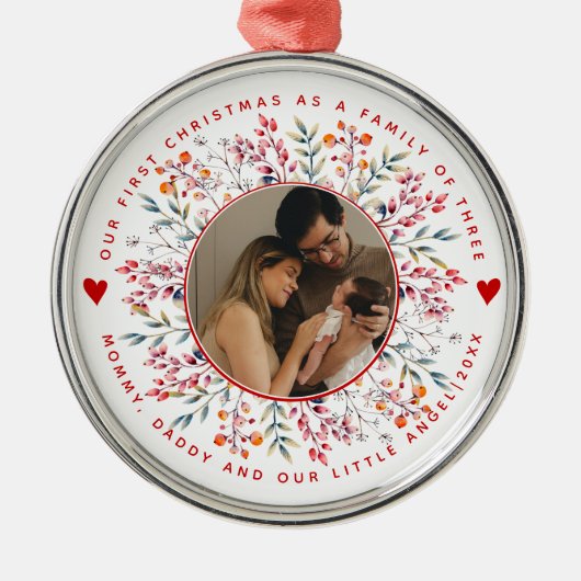 初めてのクリスマスの三つのベリーの写真縁どの家族 メタルオーナメント (正面)