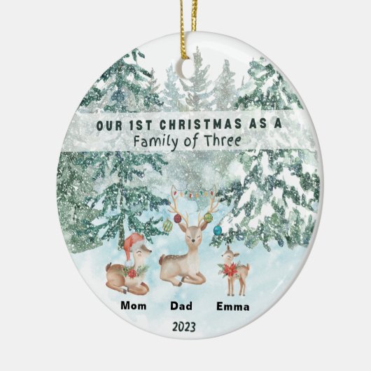 初めてのクリスマスの三パーソナライズされた人 セラミックオーナメント (左)