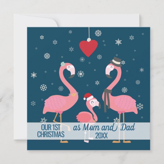 初めてのクリスマスの両親photo flamingo snowflaks カード (正面)
