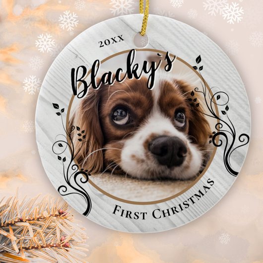 初めてのクリスマスの仔犬 森の葉と犬の名前の写真 セラミックオーナメント