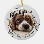 初めてのクリスマスの仔犬 森の葉と犬の名前の写真 セラミックオーナメント (正面)