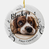 初めてのクリスマスの仔犬 森の葉と犬の名前の写真 セラミックオーナメント (裏面)