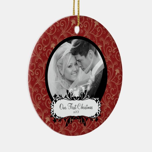 初めてのクリスマスの写真のオーナメントのエレガントな渦巻 セラミックオーナメント (右)