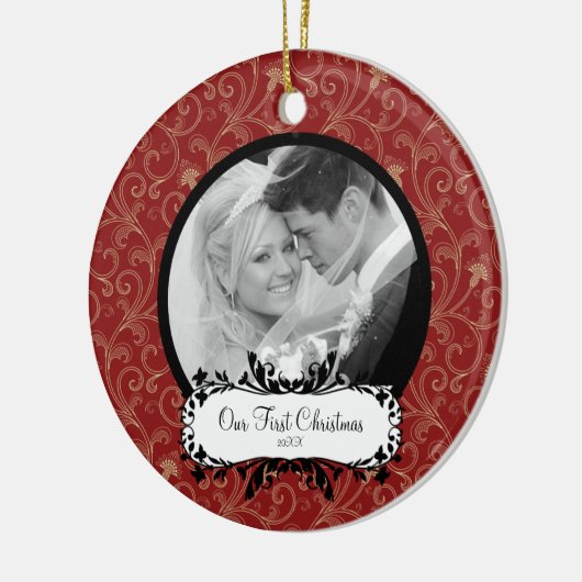 初めてのクリスマスの写真のオーナメントのエレガントな渦巻 セラミックオーナメント (左)