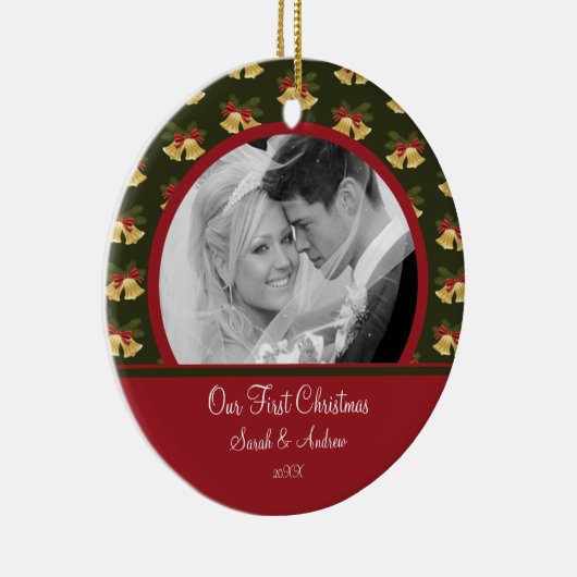 初めてのクリスマスの写真のオーナメントの結婚式の金ゴールド鐘 セラミックオーナメント (右)