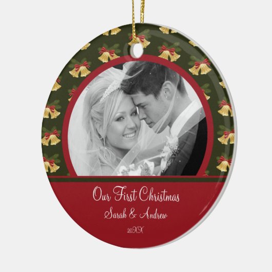 初めてのクリスマスの写真のオーナメントの結婚式の金ゴールド鐘 セラミックオーナメント (左)